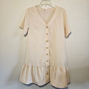 Entro Womens Beige Short Sleeve Button Front Ruffle Hem V-Neck Mini Dress Boho M